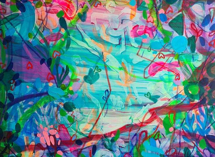PRACHI GOTHI An Iridescent Escape Acrylic and oil pastel on canvas 121.92 x 91.44 cm 2023 © Prachi Gothi, 2023